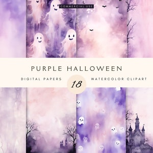 Halloween Digital Paper Pack | Junk Journal | Lila Aquarell Muster | Kartengestaltung | Ephemera | Gruselig | Geisterhaus | Gespenst | Textur