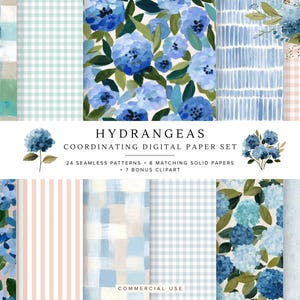 May include: A digital paper set titled HYDRANGEAS COORDINATING DIGITAL PAPER SET featuring 24 seamless patterns, 8 matching solid papers, and 7 bonus clipart. The designs include blue hydrangea floral prints, blue and white gingham, and stripes.