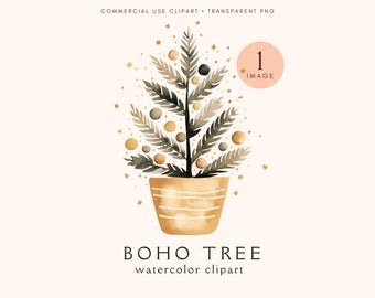 Boho Christmas Tree Clipart | Christmas Tree Png | Merry Christmas | Holiday | Digital Watercolor | Scandi Illustration | Commercial Use