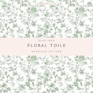 Green Toile Seamless Digital Paper | Vintage Floral Patterns for Scrapbooking | Chinoiserie Backgrounds | Nursery Decor | Instant Download