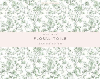 Green Toile Seamless Digital Paper | Vintage Floral Patterns for Scrapbooking | Chinoiserie Backgrounds | Nursery Decor | Instant Download