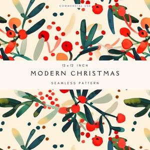 Moderne Weihnachtsweihnacht Holly Beeren | Nahtloses Hintergrundmuster | Hintergrund wiederholen | Niedliches Winterlaub | Digitales Papier | Kommerzielle Nutzung
