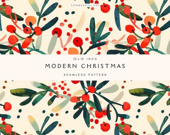 Modern Christmas Holly Berries | Seamless Background Pattern | Repeating Background | Cute Winter Foliage | Digital Paper | Commercial Use