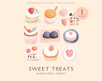 Sweet Treats Clipart | Watercolor Pastel Sweets | Cute Dessert PNG | Cupcake | Digital Download | Birthday Invitation or Greeting Card Image