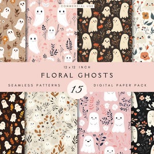 Lot de fichiers sans couture de fantômes floraux | Motif Halloween | Motif répétitif | Fichier papier numérique | Cottage Core Boho | Mignon | pour le tissu