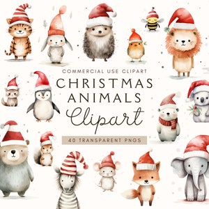Christmas Animals Watercolor Clipart | Animals With Santa Hat | Santa Hat Clip Art | Winter Clipart | Commercial Use | Digital Download