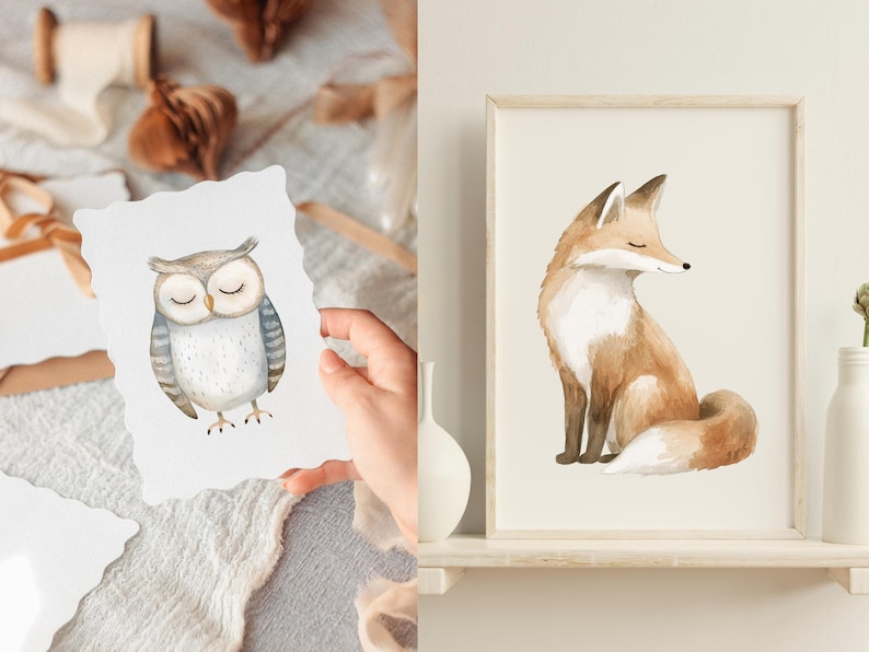 May include: Two watercolor illustrations of woodland animals. The first illustration is of an owl with closed eyes. The second illustration is of a fox sitting with its tail curled around its body.
