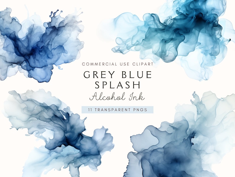 May include: Eleven abstract blue and gray alcohol ink splatter designs.  These digital illustrations are perfect for adding a unique touch to your projects.
