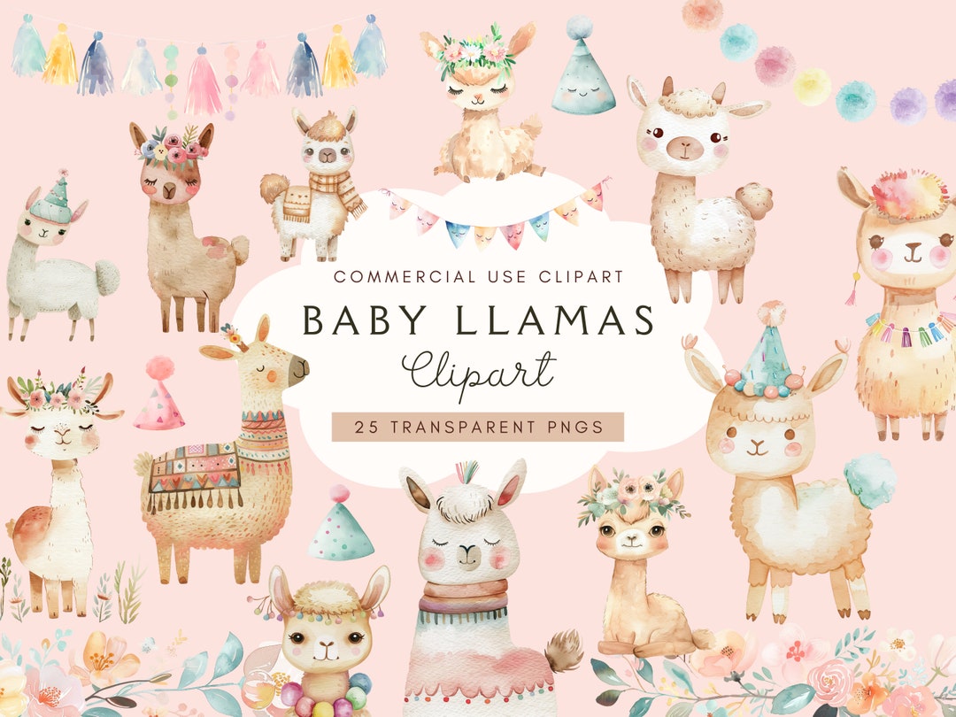 Baby Llama Clipart | Birthday Clip Art | Cute Animal Watercolor ...