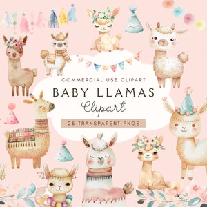 Clipart bébé lama | Clipart anniversaire | Aquarelle animale mignonne | Art pour chambre d'enfant | Journal indésirable | Invitations baby shower | Téléchargement numérique