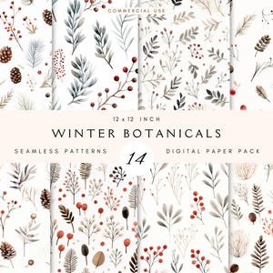 Aquarell nahtlose Muster | Von der Natur inspirierte Blätter | Beeren Tannenzapfen | Winter & Herbst Digitales Papier zum Basteln | Scrapbooking | Verpackung