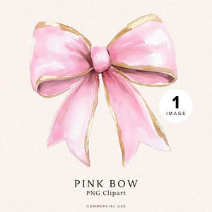 Clipart de Laço de Fita Rosa | Laço de Aquarela Fofo PNG | Design de Coquete | Acabamento Dourado | Download Digital para Berçário e Convites | para Artesanato