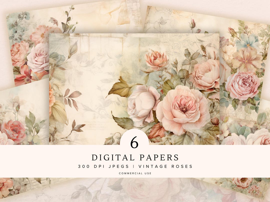 Shabby Chic Roses Digital Paper | Floral Junk Journal | Printable ...