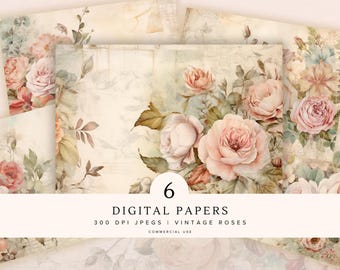 Shabby Chic Roses Digital Paper | Floral Junk Journal | Printable Ephemera Craft, Vintage Background | Scrapbooking | Collage Sheet 11 x 8.5