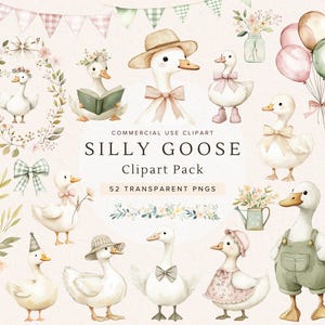 Clipart Oie stupide | Cottagecore vintage printanier, PNG aquarelle mignon fantaisiste pour fête d'anniversaire, baby shower, fleurs sauvages, usage Commercial