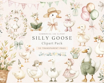 Silly Goose Clipart | Spring Vintage Cottagecore, Whimsical Cute Watercolor PNG for Birthday Party,  Baby Shower, Wildflower, Commercial Use