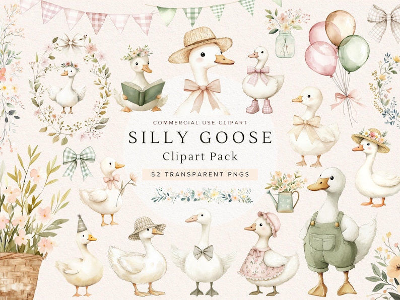 Silly Goose Clipart | Spring Vintage Cottagecore, Whimsical Cute Watercolor PNG for Birthday Party,  Baby Shower, Wildflower, Commercial Use