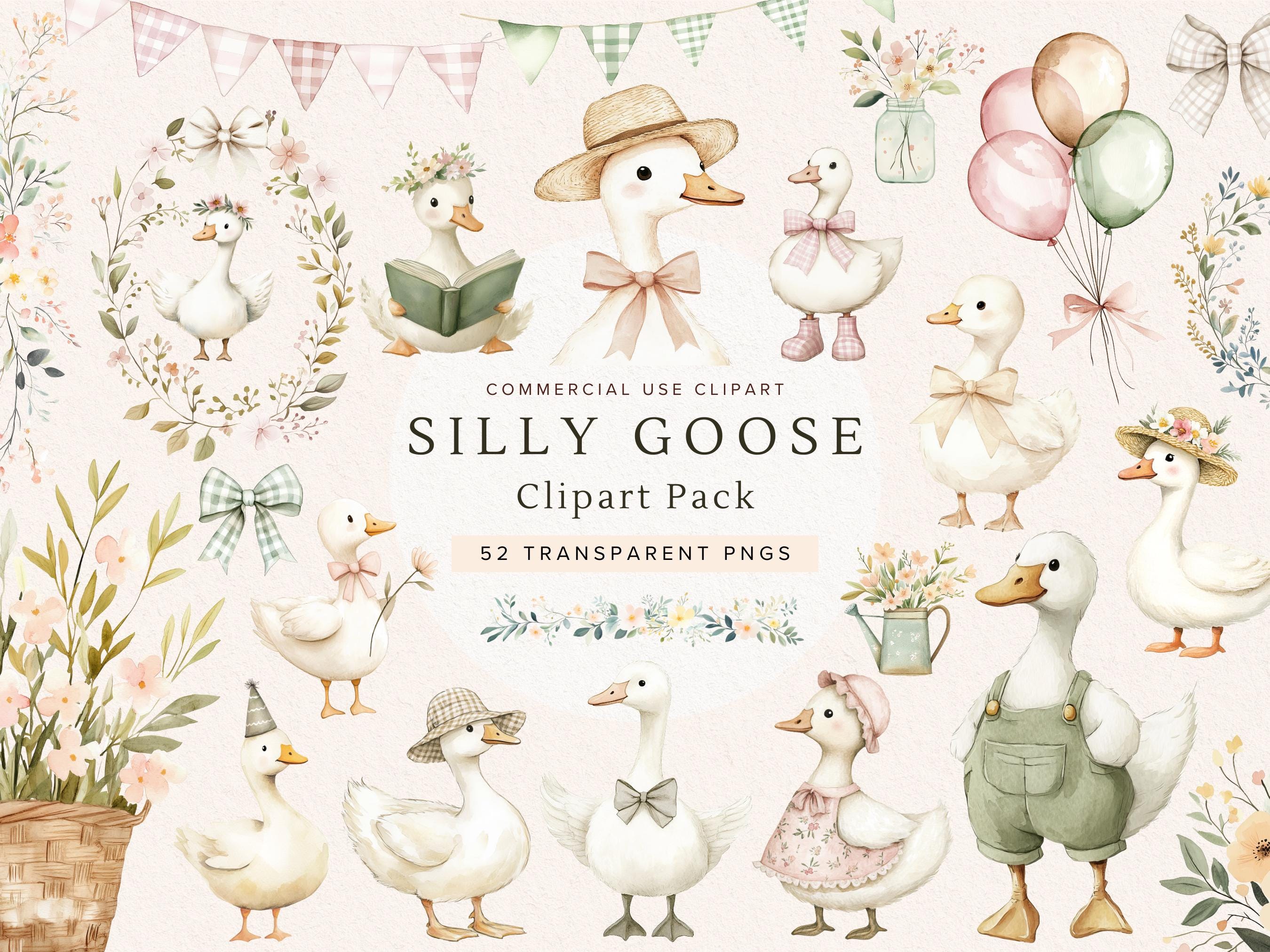 Silly Goose Clipart | Spring Vintage Cottagecore, Whimsical Cute Watercolor PNG for Birthday Party,  Baby Shower, Wildflower, Commercial Use
