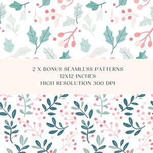 Puede incluir: Dos patrones sin costuras que presentan un fondo blanco con un patr&oacute;n repetitivo de hojas verdes y azules, bayas rosas y rojas y peque&ntilde;os puntos blancos. El texto "2 X BONUS SEAMLESS PATTERNS 12X12 INCHES HIGH RESOLUTION 300 DPI" se muestra en una pancarta en el medio de la imagen.