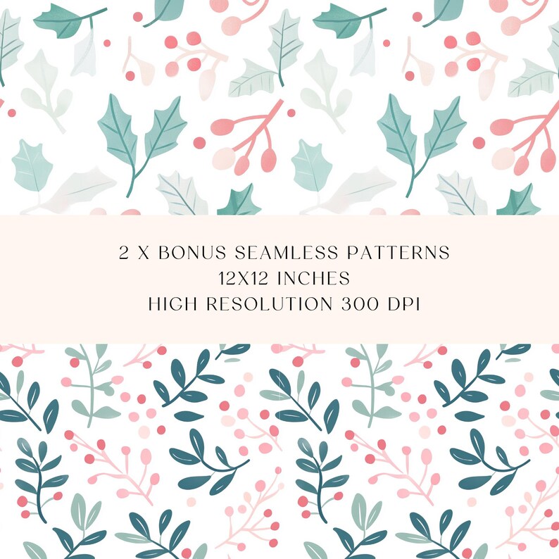 Puede incluir: Dos patrones sin costuras que presentan un fondo blanco con un patr&oacute;n repetitivo de hojas verdes y azules, bayas rosas y rojas y peque&ntilde;os puntos blancos. El texto "2 X BONUS SEAMLESS PATTERNS 12X12 INCHES HIGH RESOLUTION 300 DPI" se muestra en una pancarta en el medio de la imagen.