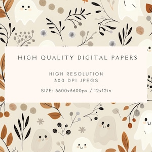 Pu&ograve; includere: Un motivo di carta digitale con un design senza cuciture di fantasmi bianchi con facce sorridenti, rami marroni e neri e piccole bacche marroni e grigie su uno sfondo beige. Il testo "HIGH QUALITY DIGITAL PAPERS", "HIGH RESOLUTION 300 DPI JPEGs" e "SIZE: 3600x3600px / 12x12in" &egrave; visualizzato su un rettangolo bianco.