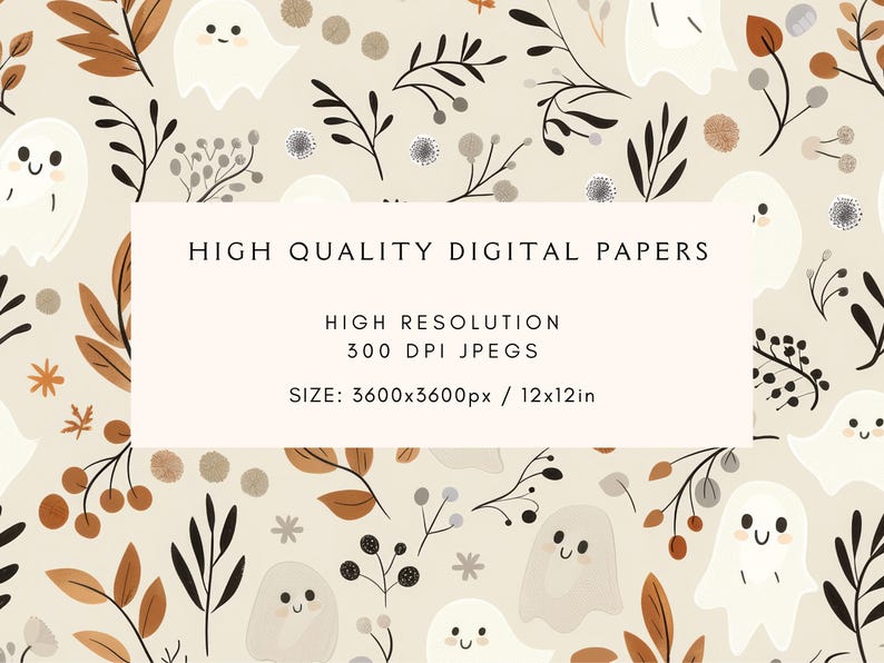 Pu&ograve; includere: Un motivo di carta digitale con un design senza cuciture di fantasmi bianchi con facce sorridenti, rami marroni e neri e piccole bacche marroni e grigie su uno sfondo beige. Il testo "HIGH QUALITY DIGITAL PAPERS", "HIGH RESOLUTION 300 DPI JPEGs" e "SIZE: 3600x3600px / 12x12in" &egrave; visualizzato su un rettangolo bianco.