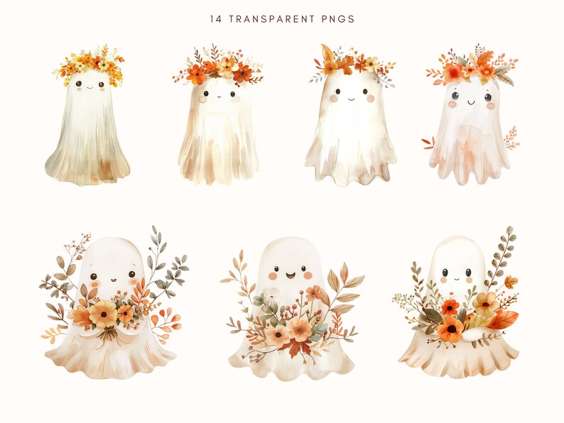 Blommig spöke clipart | Spöklika vibbar PNG | Akvarell spöke med blommor | Retro Halloween-tröja | Boho spöke clipart | Digital nedladdning bild 3