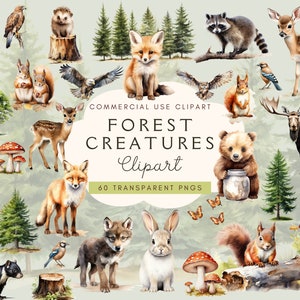Clipart animaux des bois hiver, lot d'autocollants créatures de la forêt bohème, clipart chambre d'enfant, animal Png, impression, usage commercial, téléchargement immédiat