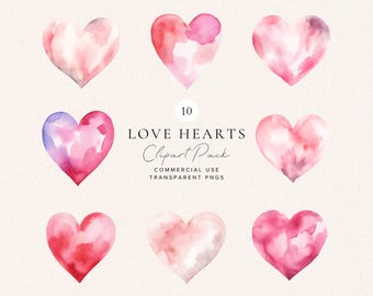 Imágenes prediseñadas de corazones en acuarela / Día de San Valentín / Álbum de recortes / Imágenes prediseñadas para bodas / Imágenes prediseñadas de San Valentín / Imágenes prediseñadas de corazones rosas / Descarga digital