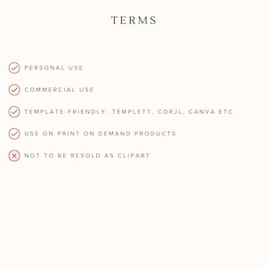 May include: Text on a cream background reads "TERMS" above a list of usage rights. The list includes "PERSONAL USE", "COMMERCIAL USE", "TEMPLATE-FRIENDLY", and "USE ON PRINT ON DEMAND PRODUCTS". A red "X" indicates "NOT TO BE RESOLD AS CLIPART".