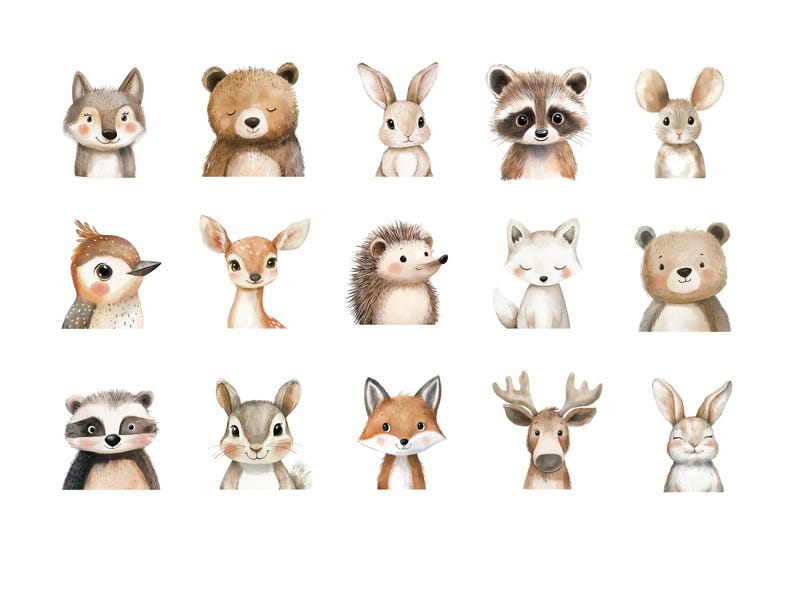 May include: A set of 14 watercolor illustrations of woodland animals, including a wolf, bear, rabbit, raccoon, mouse, bird, deer, hedgehog, fox, reindeer, and squirrel. The animals are all depicted in a cute and whimsical style.