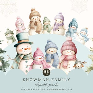 Watercolor Snowman Family Clipart Bundle | Soft Christmas PNG Set for Crafters | 55 Cute Winter Elements | Commercial Use | Digital Download