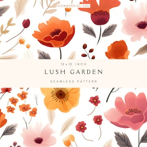 May include: A seamless pattern featuring a lush garden with orange, pink, and yellow flowers. The pattern is 12 inches by 12 inches and is perfect for creating a variety of projects.