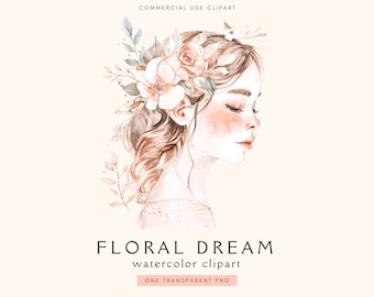 Watercolor Girl Clipart | Floral Dream Girl Clip Art | Whimsical Girls Clipart | Whimsical Ephemera | Cute Girl | Delicate Illustration