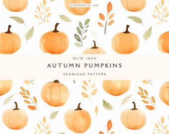 Boho Pumpkin Seamless Pattern | Watercolour Floral | Cozy Autumn | Fall Leaves | Scrapbooking | Junk Journal Papers | Fabric Design File