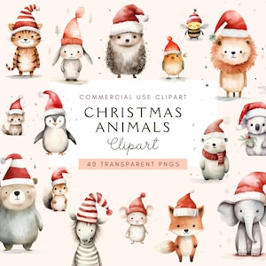 Animais de Natal em Aquarela | Animais com Chapéu de Papai Noel | Clip Art de Chapéu de Papai Noel | Clipart de Inverno | Uso Comercial | Download Digital