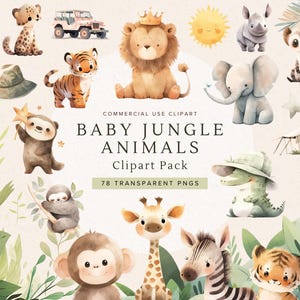 Cute Safari Animal Clipart | Baby Jungle Animals Png Bundle | Watercolor | Perfect for Baby Showers | Digital Download for Nursery Decor