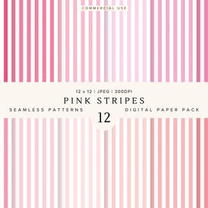May include: A digital paper pack featuring 12 seamless patterns of pink stripes in various shades. The image includes text that reads "PINK STRIPES" and "DIGITAL PAPER PACK". The patterns are 12 x 12 inches at 300 DPI.