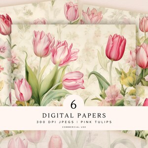 Junk Journal Printable Pink Tulips Pages | Floral Digital Download | Watercolor Background | Scrapbook Ephemera for Creative Journaling