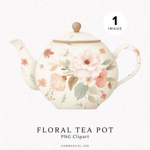 May include: A cream-colored teapot with a floral design. The teapot features a large pink flower and smaller peach-colored flowers, with green leaves. The handle and spout are curved. The text "FLORAL TEA POT" is at the bottom.