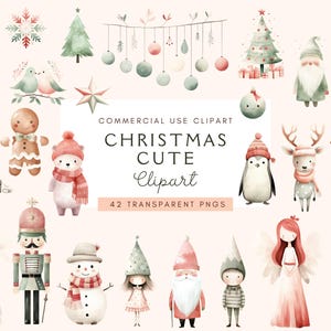 Pacote de clipart de personagens fofos de Natal, Natal escandinavo, clipart de Natal em aquarela, árvore de Natal PNG, criação de cartões, garotinha