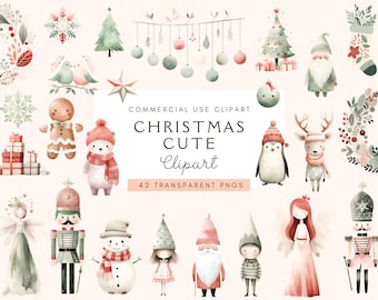 Cute Christmas Characters Clipart Bundle, Scandinavian Christmas, Watercolor Christmas Clipart, Christmas Tree Png, Card Making, Little Girl