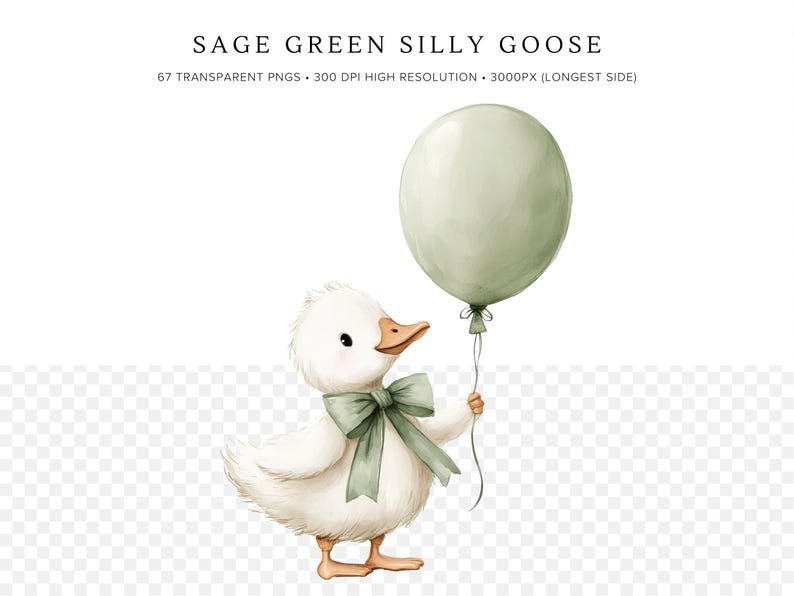 Puede incluir: Ilustraci&oacute;n en acuarela de un ganso blanco sosteniendo un globo verde salvia. El ganso tiene una pajarita a juego y un pico y patas de color naranja claro. El texto "SAGE GREEN SILLY GOOSE" est&aacute; en la parte superior de la imagen.