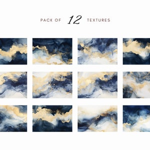 May include: A pack of 12 digital textures featuring abstract blue and gold watercolor designs. The textures are perfect for adding a touch of elegance to your digital projects.