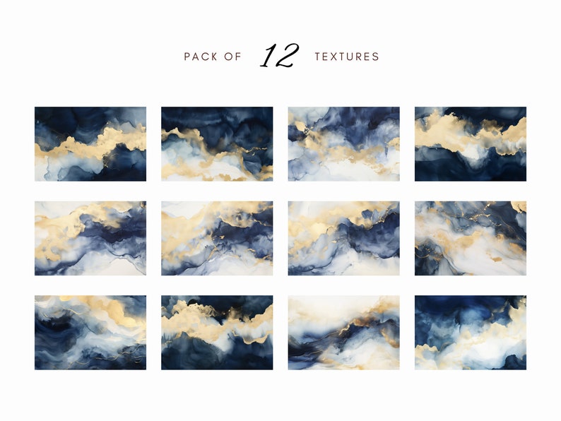 May include: A pack of 12 digital textures featuring abstract blue and gold watercolor designs. The textures are perfect for adding a touch of elegance to your digital projects.