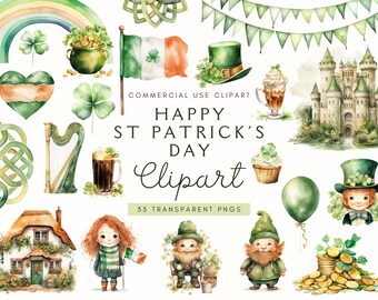 Happy St Patricks Day Background Clipart | Watercolor | St Patrick’s Day Clip Art | Green Clover | Lucky Png | Shamrock | Gnome | Irish