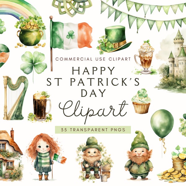 Happy St Patricks Day Background Clipart | Watercolor | St Patrick’s Day Clip Art | Green Clover | Lucky Png | Shamrock | Gnome | Irish