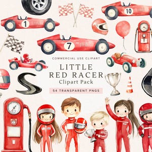 Puede incluir: Paquete de imágenes prediseñadas de acuarela con coches de carreras rojos, banderas de carreras, cascos y niños con trajes de carreras. También se incluye el texto "Little Red Racer Clipart Pack". Perfecto para proyectos de manualidades.