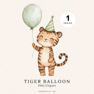 Clipart anniversaire tigre | Animal de safari mignon PNG | Ballon vert | bébé tigre | Téléchargement numérique pour décoration de chambre d'enfant | Clipart Chapeau De Fête