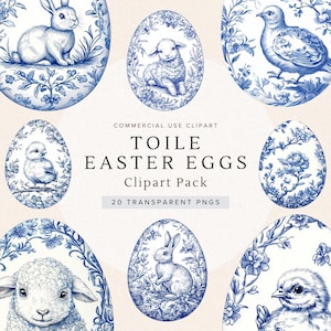 Clipart Toile de Jouy bleue | Oeufs de Pâques | Chinoiseries | millésime français | Images PNG florales | Bébé poulet | Lapin | Agneau | Dessin au trait